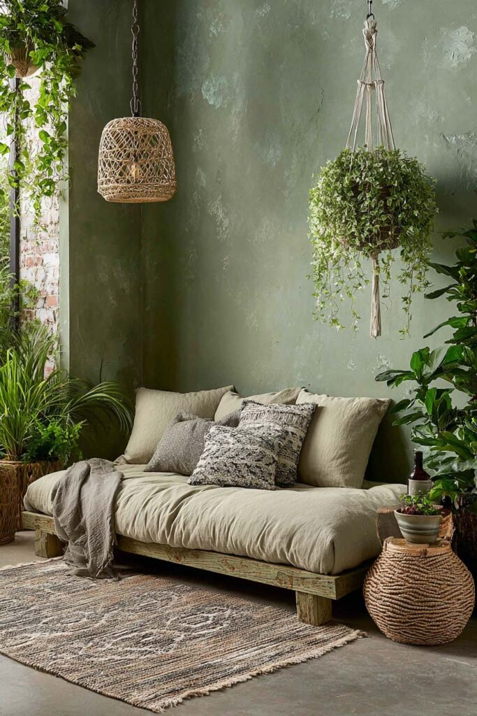Sage green living room with rustic daybed, textured pillows, hanging plants, woven pendant light, and natural greenery accents.