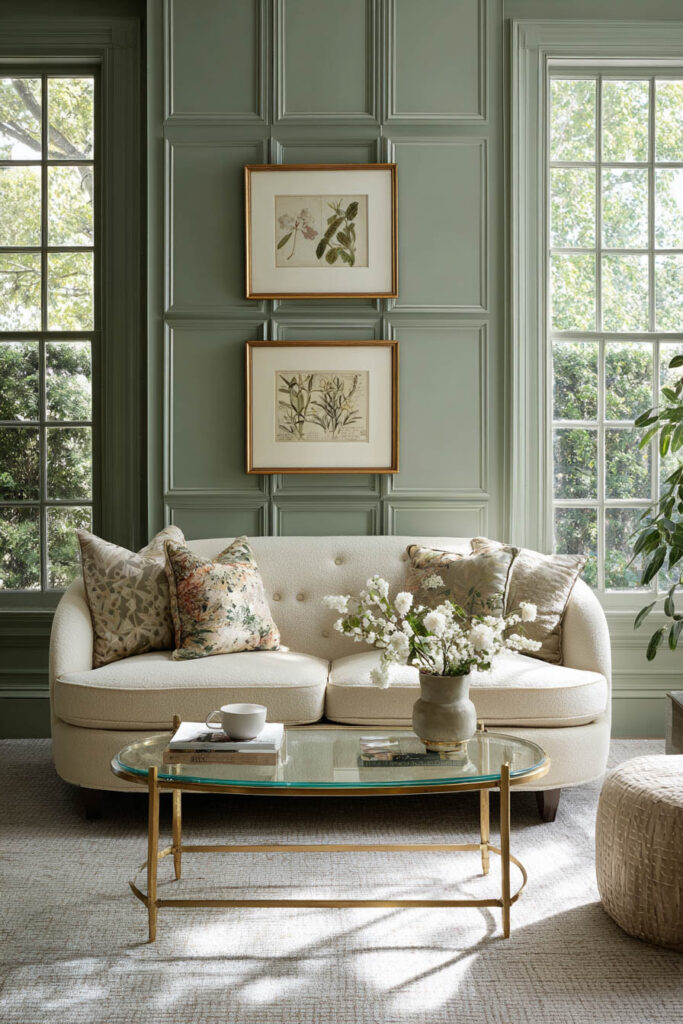 Sage green living room with paneled walls, cream sofa with floral pillows, glass coffee table, and botanical artwork.