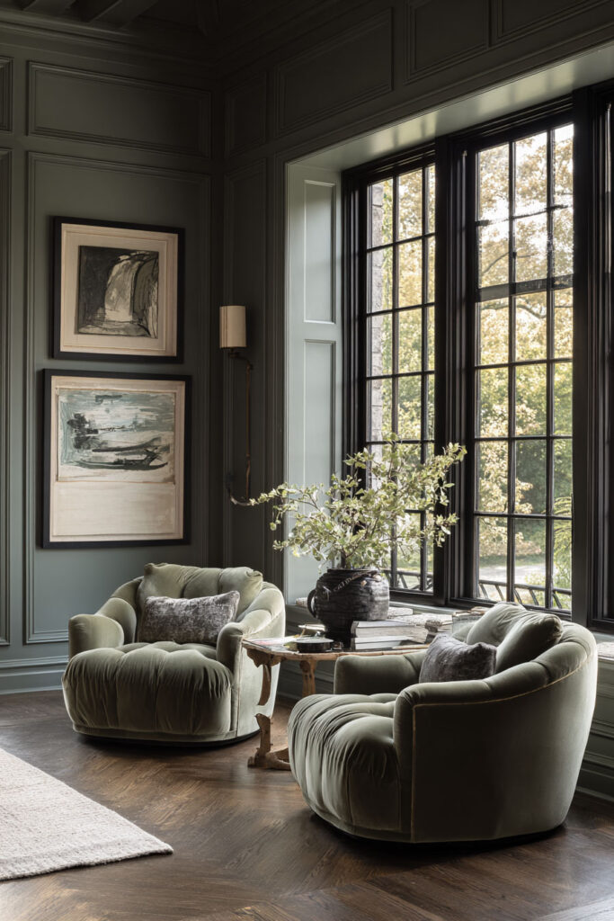 Sage green living room with paneled walls, velvet armchairs, large black grid windows, and modern artwork for a cozy and elegant design.