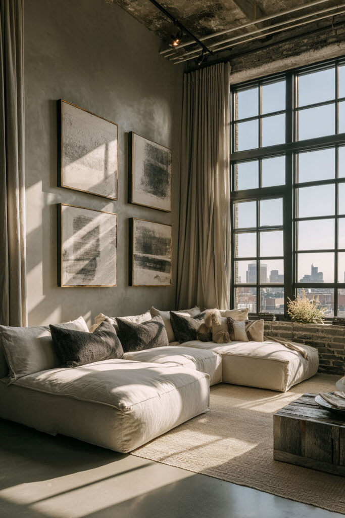 Industrial loft living room with sage-toned plaster walls, oversized windows, neutral sectional sofa, and layered throw pillows in a cozy modern design.