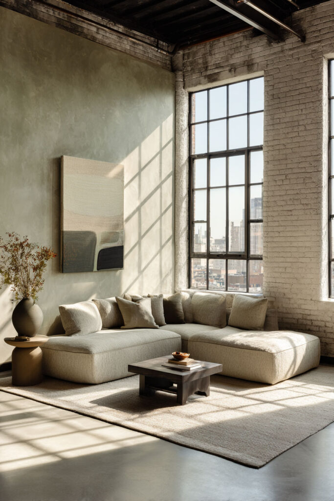 Industrial loft living room with sage green walls, large windows, neutral sectional sofa, and minimalist modern decor.