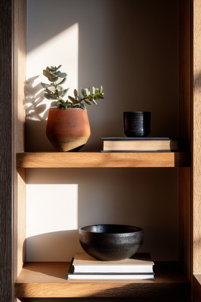 Wooden shelves styled with stacked neutral books, a handmade terracotta planter with a succulent, black ceramic vessels, and warm sunlight casting soft shadows.
