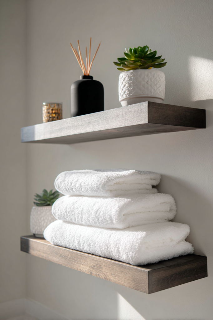 Modern bathroom floating shelves styled with stacked white towels, small potted succulents in textured white pots, a black reed diffuser, and soft natural sunlight casting shadows on the wall.