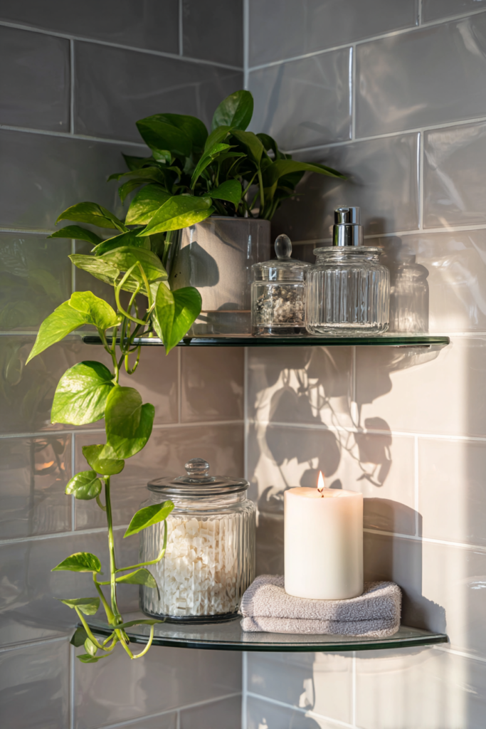 Glass corner bathroom shelves styled with a pothos plant, clear glass jars, a white candle on a towel, and warm ambient lighting.
