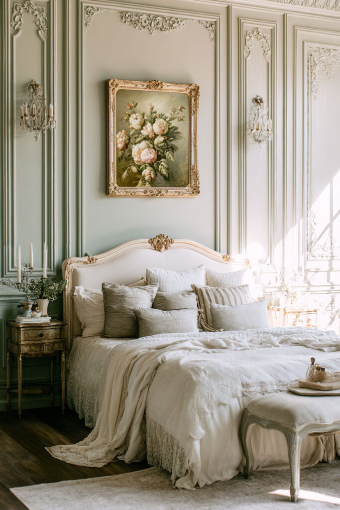 Elegant sage green bedroom with ornate French wall moldings, vintage floral artwork, and layered neutral bedding.