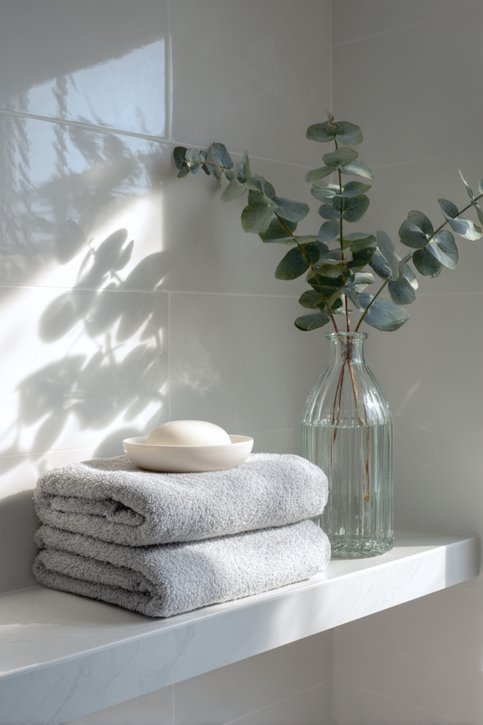 Minimalist bathroom shelf styled with two neatly folded gray towels, a ceramic soap dish, and a clear glass vase holding fresh eucalyptus branches, with soft natural light casting shadows on glossy tile walls.
