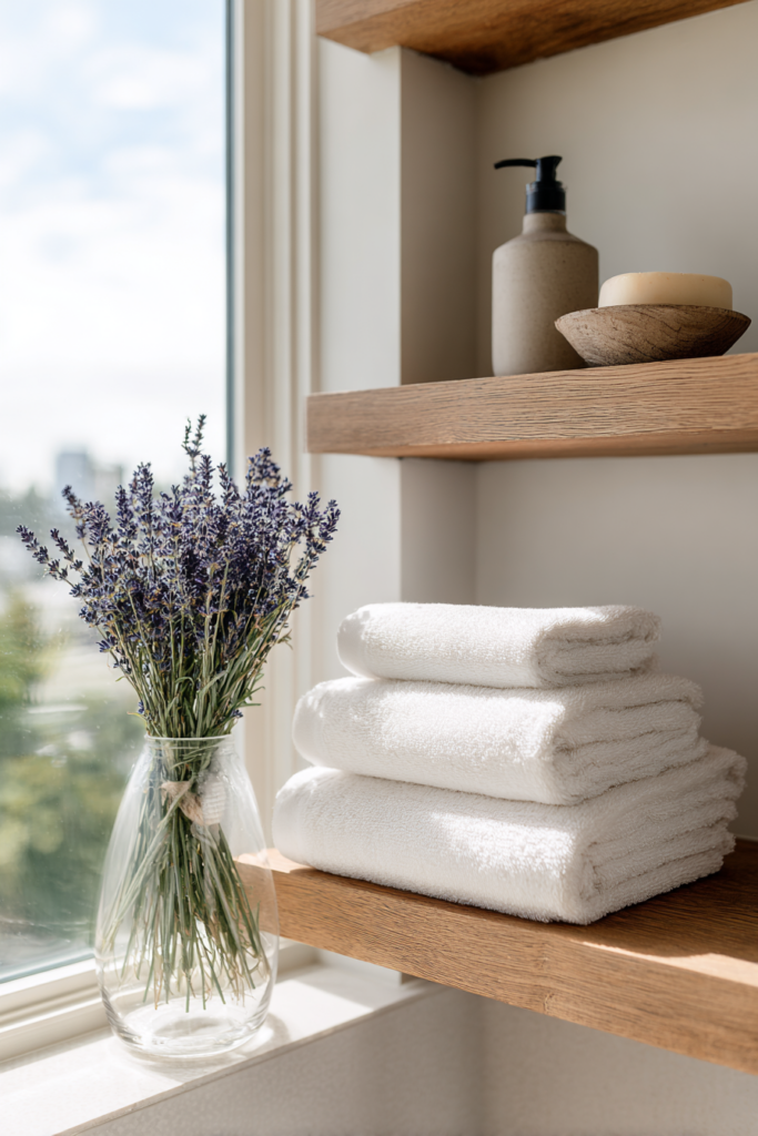 Modern farmhouse bathroom with floating wood shelves featuring a stack of white towels, a ceramic soap dispenser, a wooden soap dish, and a clear glass vase filled with dried lavender by a sunlit window.