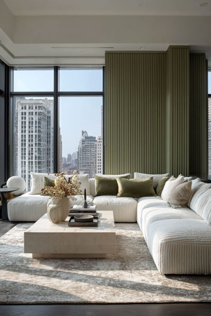 Modern sage green living room with floor-to-ceiling windows, white sectional sofa, green velvet pillows, and stone coffee table overlooking city skyline.