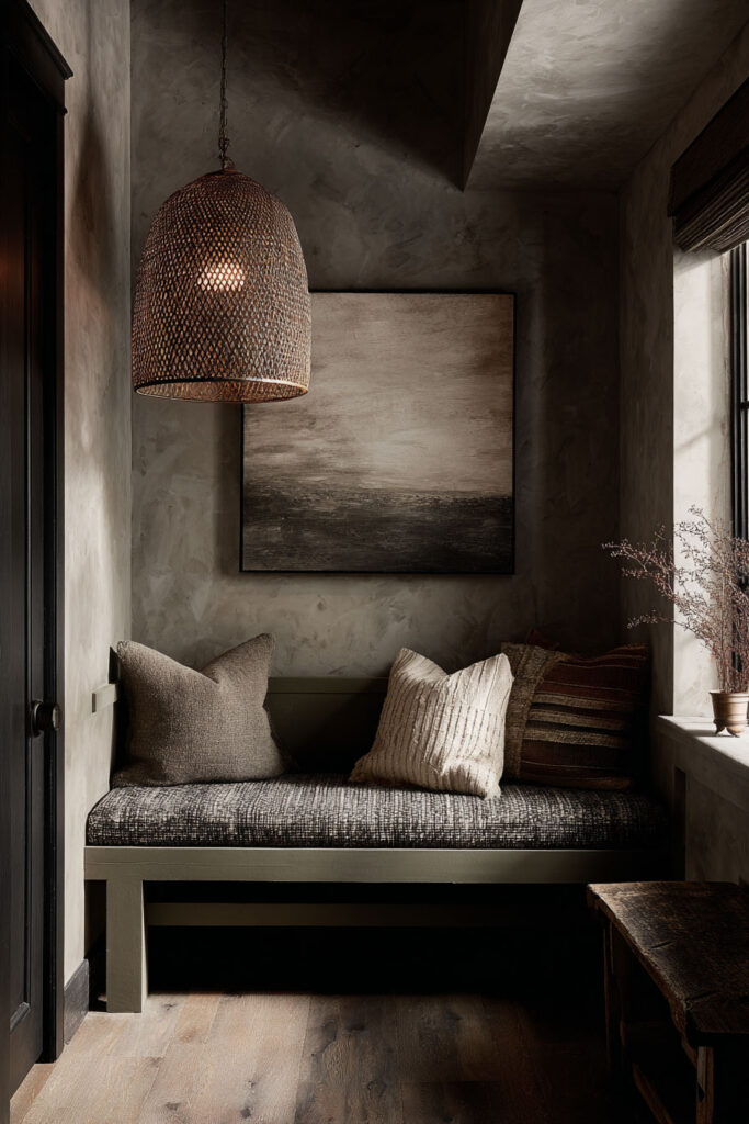 Moody sage green entryway nook with built-in bench, textured pillows, woven pendant light, abstract wall art, and rustic finishes.