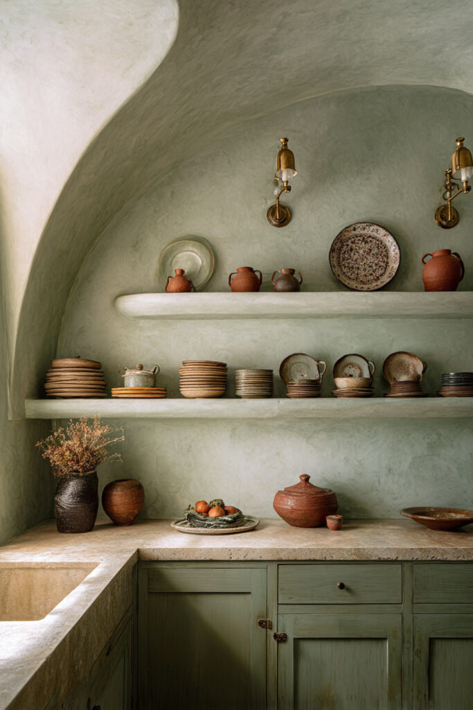 Old-world sage green kitchen with plaster walls, built-in shelves, terracotta pottery, stone countertops, and rustic cabinetry.