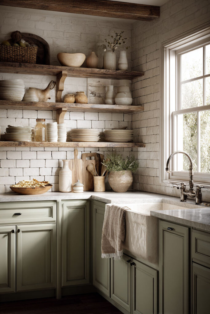 Rustic farmhouse kitchen with sage green cabinets, open wood shelves, farmhouse sink, and textured white tile backsplash.