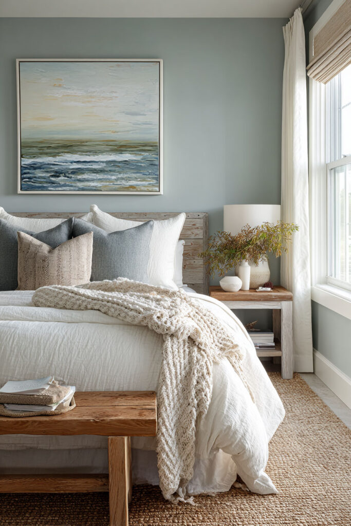 Coastal sage green bedroom with ocean artwork, natural wood furniture, cozy knit throw, and airy white bedding.