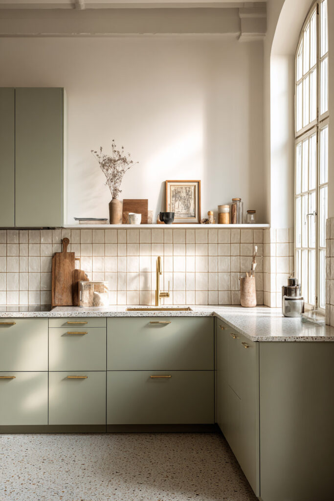 Sage green kitchen with terrazzo countertop, brass faucet, tiled backsplash, wooden cutting boards, and rustic open shelf styling.