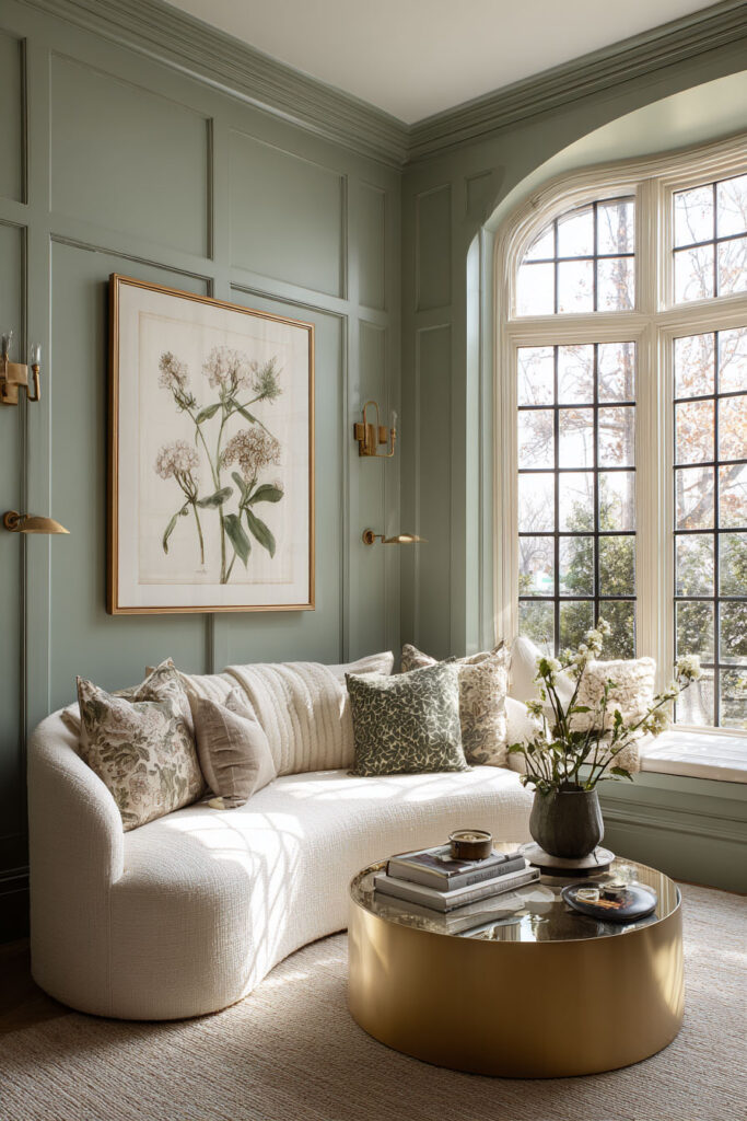 Sage green living room with paneled walls, arched window, cream curved sofa, botanical artwork, gold accents, and round metallic coffee table.