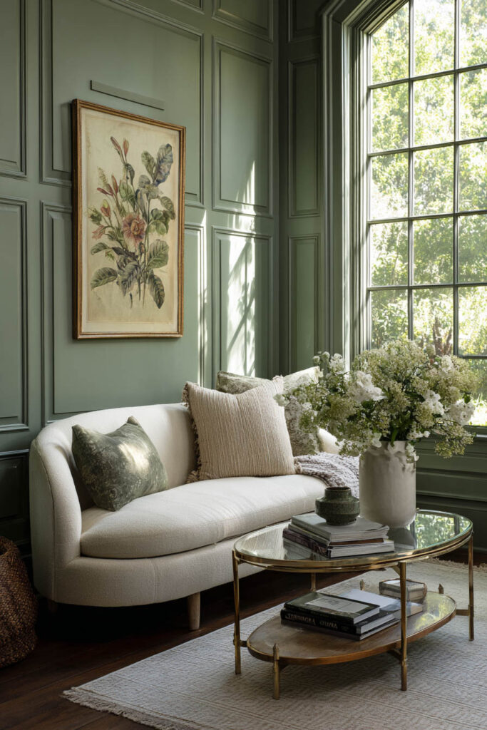 Sage green living room with paneled walls, curved cream sofa, brass glass coffee table, and large windows with natural light.