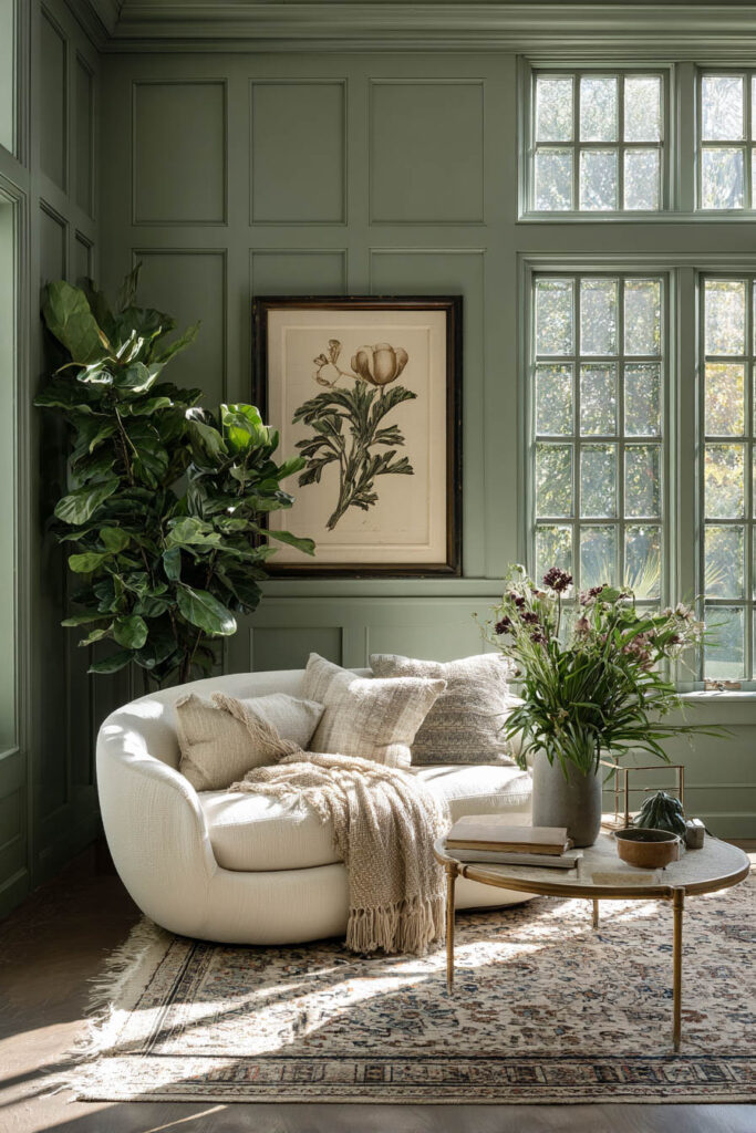 Sage green paneled living room with round cream sofa, botanical wall art, layered pillows, and natural greenery in a cozy timeless design.