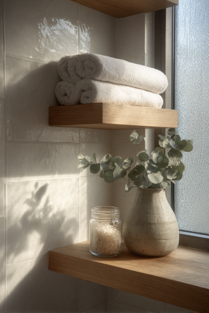 Serene Bathroom Shelves with Rolled Towels and Eucalyptus