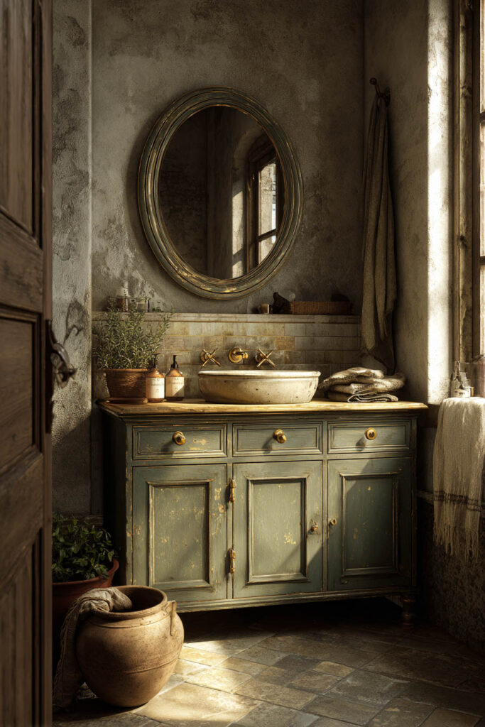 Vintage sage green bathroom vanity with distressed finish, stone vessel sink, antique mirror, and rustic wood countertop in a cozy old-world style.