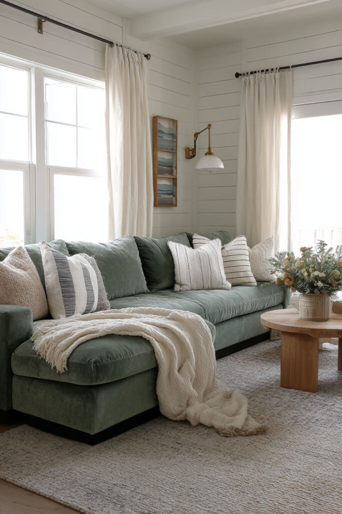 Farmhouse sage green living room with velvet sofa, striped pillows, shiplap walls, white curtains, and rustic wood coffee table.