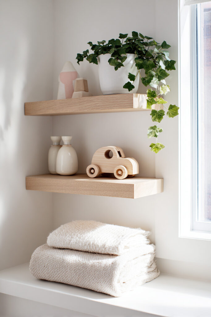 Light wood floating shelves in a kids' room styled with a potted trailing ivy, natural wooden toys, soft cream towels, and simple ceramic decor by a sunlit window.