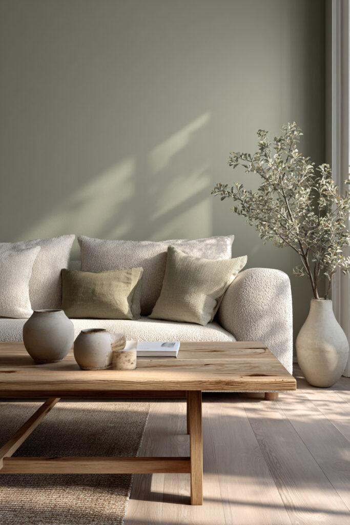Minimalist sage green living room with cream boucle sofa, green accent pillows, wood coffee table, ceramic vases, and potted olive tree.