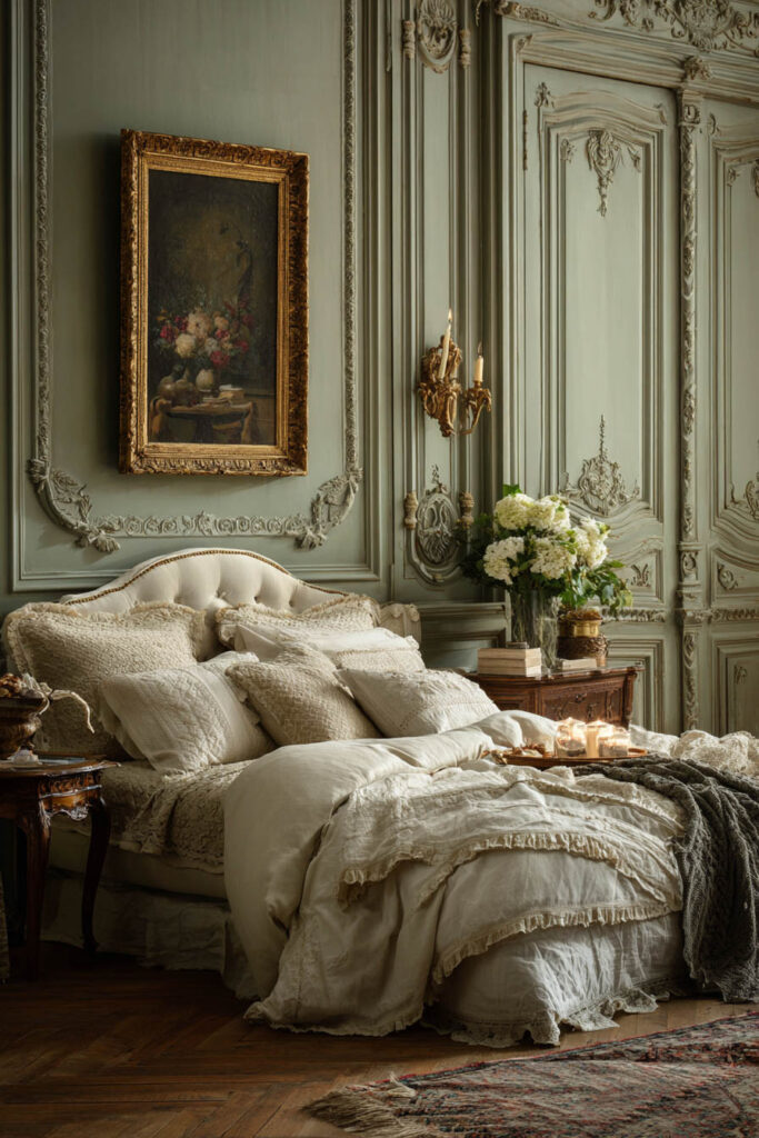 Moody sage green bedroom with ornate French paneling, vintage painting, layered bedding, and candlelit ambiance.