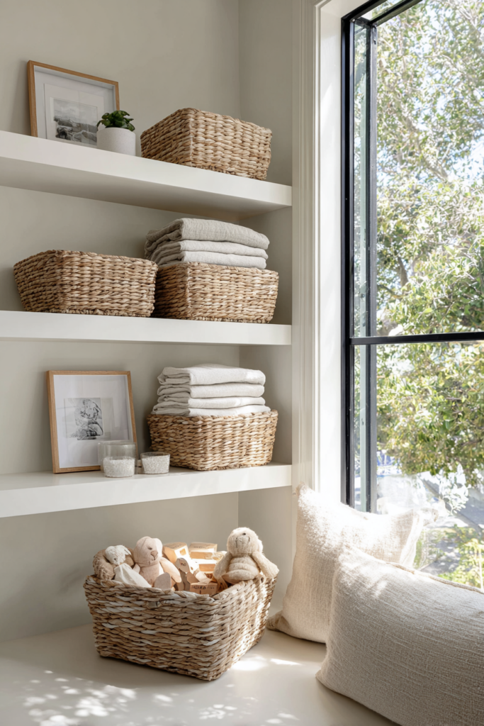 Scandinavian-inspired nursery shelving with natural woven baskets, soft folded linens, framed prints, plush toys, and a cozy window seat with textured pillows.