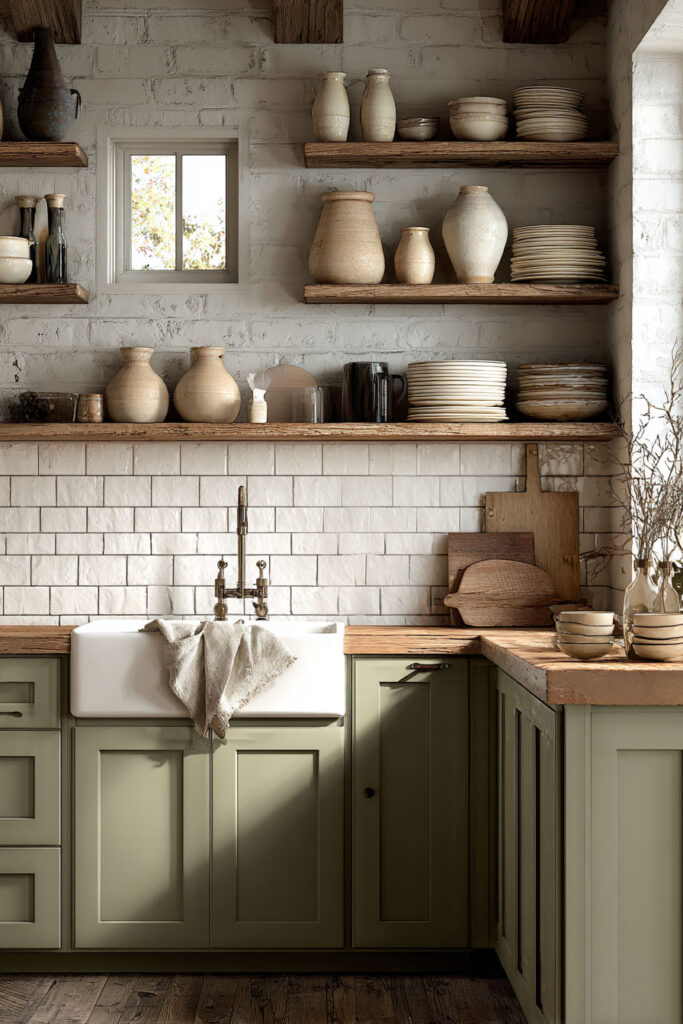 Rustic kitchen with sage green cabinets, butcher block counters, farmhouse sink, open shelves, and whitewashed brick walls.