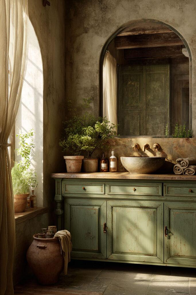 Rustic sage green bathroom vanity with distressed finish, stone vessel sink, gold fixtures, and potted plants for an old-world inspired look.