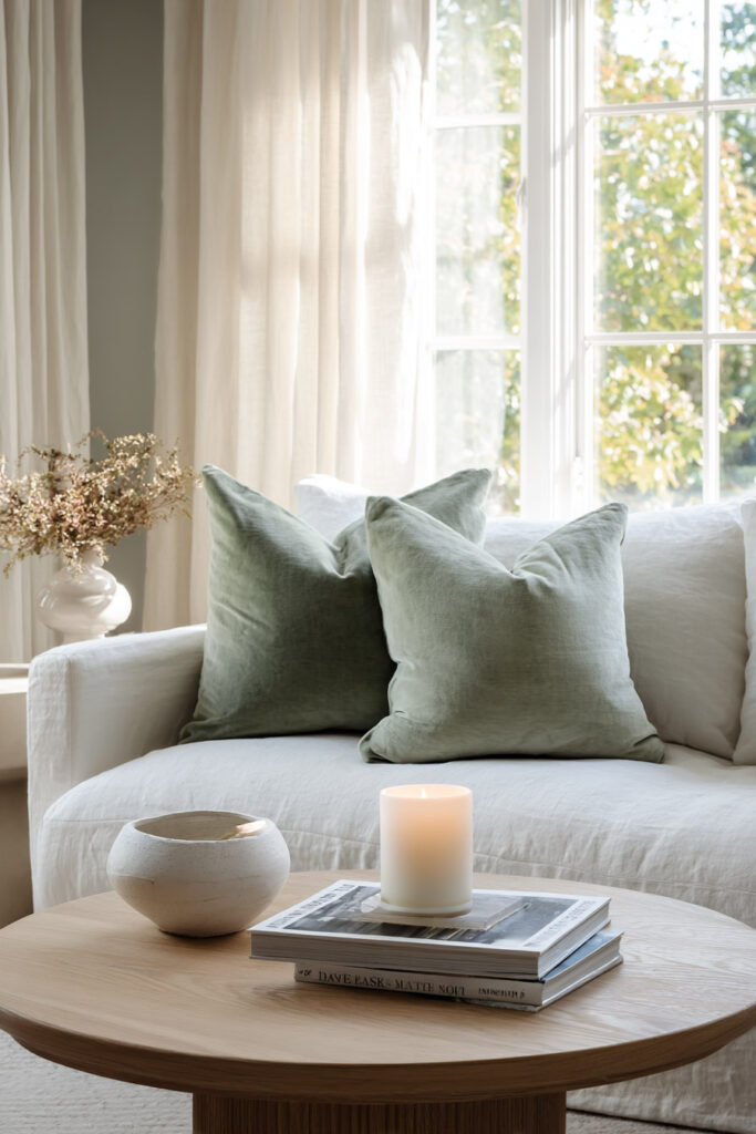 White linen sofa with sage green pillows, light wood coffee table, candle, and ceramic bowl in a bright minimalist living room.