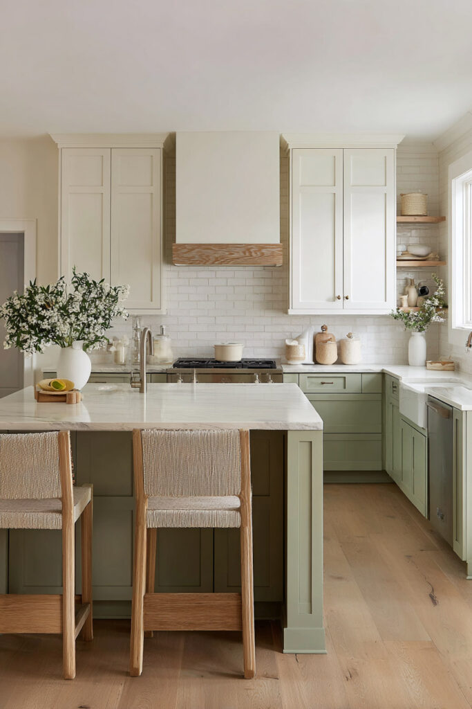 Sage green and white kitchen with marble island, subway tile backsplash, natural wood accents, and woven barstools.