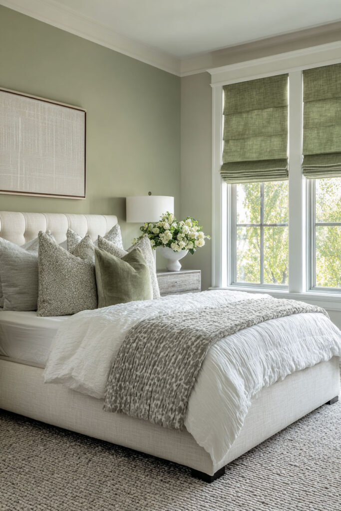 Modern sage green bedroom with Roman shades, layered neutral bedding, patterned pillows, and natural light.