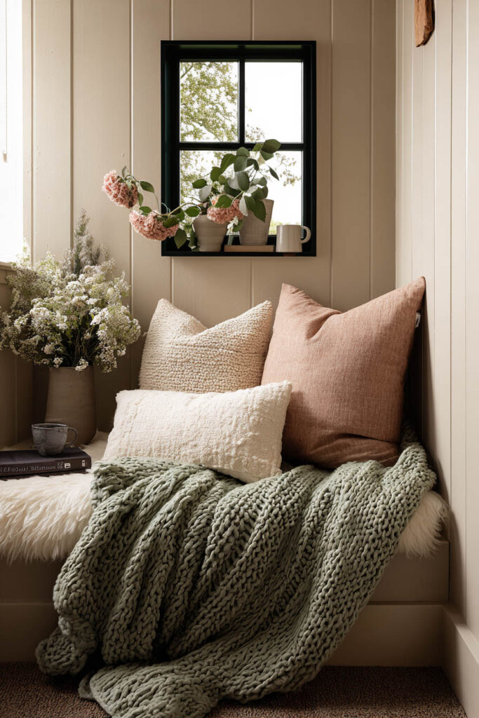 Cozy nook with sage green knit throw blanket, layered pillows, fresh flowers, and neutral wood-paneled walls