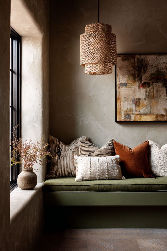 Sage green entryway bench with earthy throw pillows, woven pendant light, textured walls, and clay vase with branches.