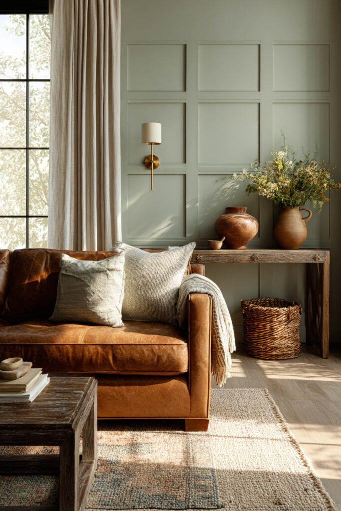 Sage green living room with paneled walls, leather sofa, rustic wood furniture, woven basket, and ceramic vases.