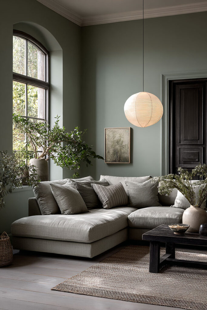 Sage green living room with arched window, linen sectional sofa, black wood coffee table, woven rug, and indoor plants for an organic modern style.