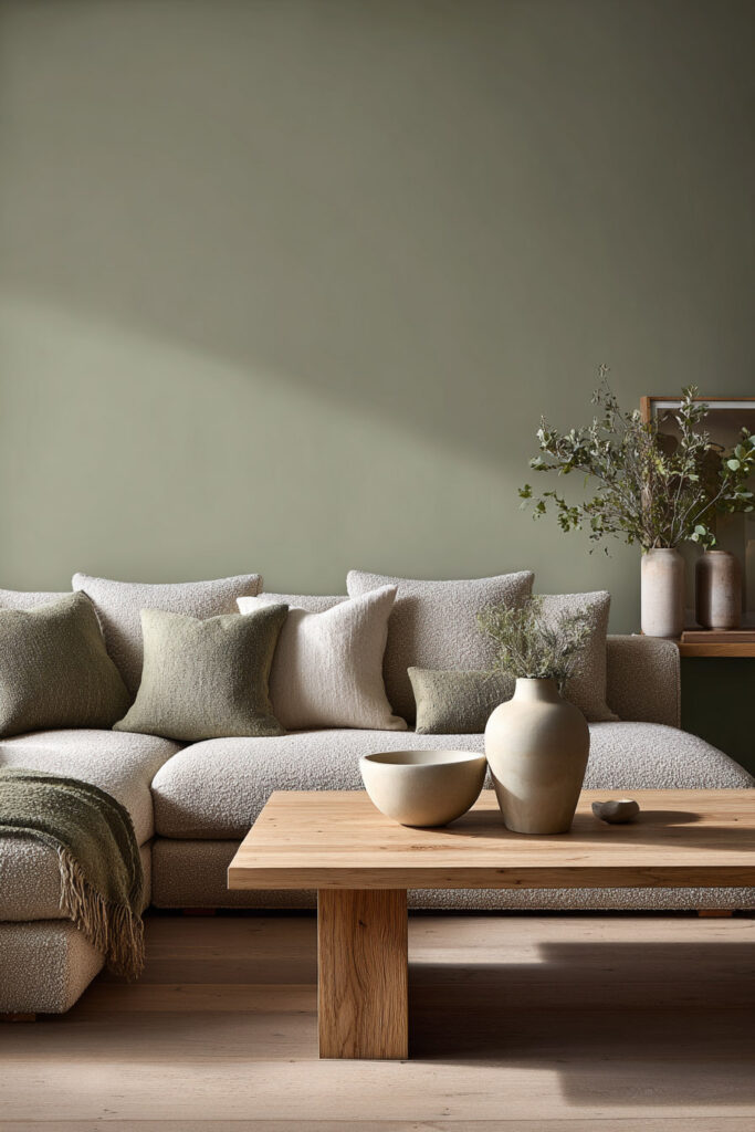 Modern sage green living room with boucle sofa, layered pillows, wooden coffee table, ceramic vases, and greenery accents.