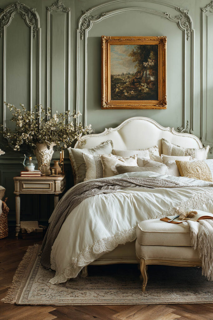 Classic sage green bedroom with ornate wall paneling, gold-framed artwork, layered bedding, and upholstered bench.