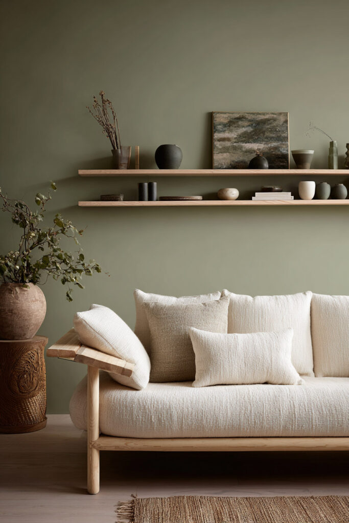 Minimalist living room with sage green walls, light wood sofa, neutral textured pillows, and floating shelves with pottery.