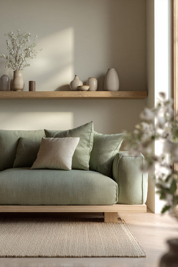 Minimalist sage green living room with linen sofa, floating wood shelf, ceramic vases, and neutral pillows in natural sunlight.