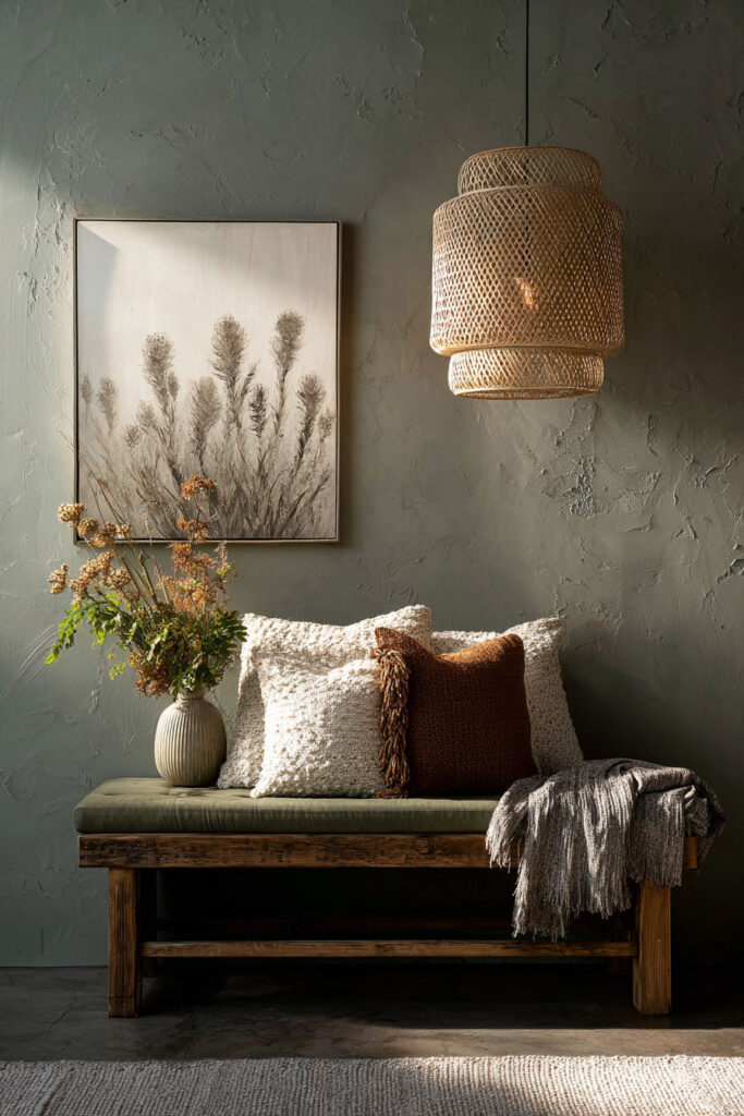 Rustic sage green entryway with wooden bench, textured pillows, throw blanket, dried florals, woven pendant light, and botanical wall art.
