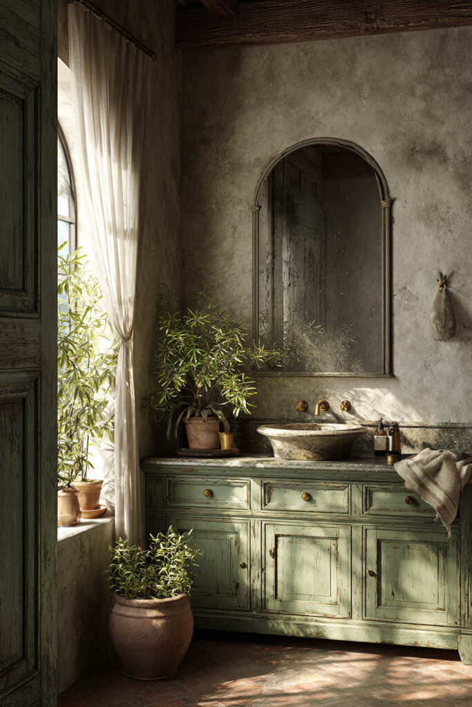 Rustic sage green bathroom vanity with distressed finish, stone sink, gold fixtures, and potted greenery in a vintage old-world style.