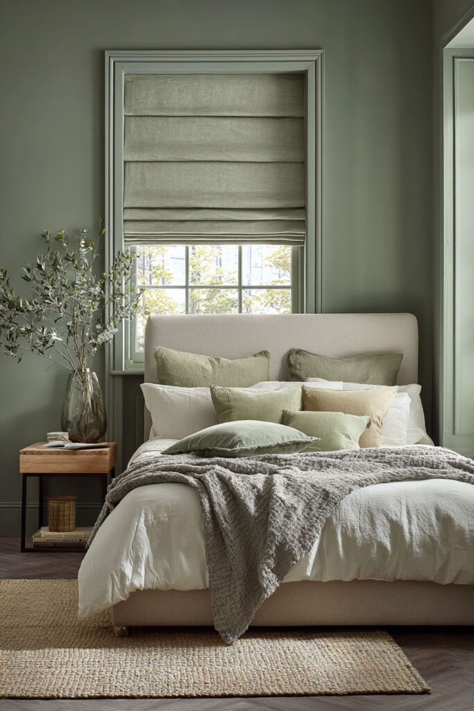 Cozy sage green bedroom with Roman shades, layered linen pillows, woven rug, and rustic wood nightstand.