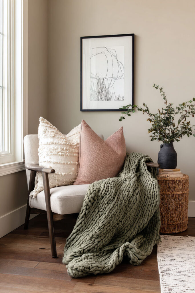Cozy reading corner with sage green knit blanket, neutral pillows, woven side table, and black vase with greenery.