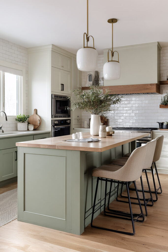 Sage green kitchen with wood island, subway tile backsplash, pendant lights, and farmhouse-inspired bar stools.