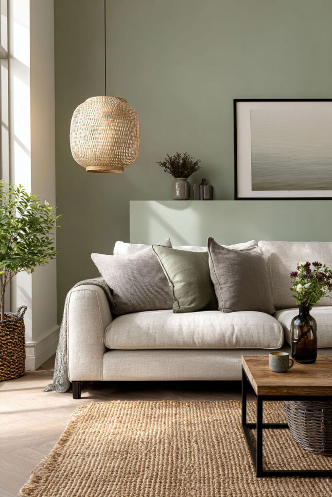 Sage green living room with cream sofa, jute rug, woven pendant light, neutral pillows, and natural rustic accents.