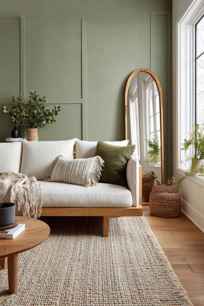 Sage green living room with white wood-trimmed sofa, woven rug, oversized mirror, textured pillows, knit throw, and greenery for an organic cozy style.