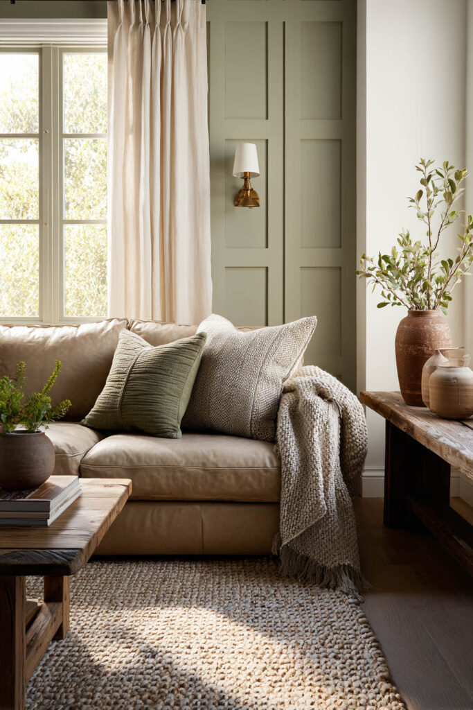 Sage green living room with tan leather sofa, paneled accent wall, rustic pottery, and earthy textured decor.