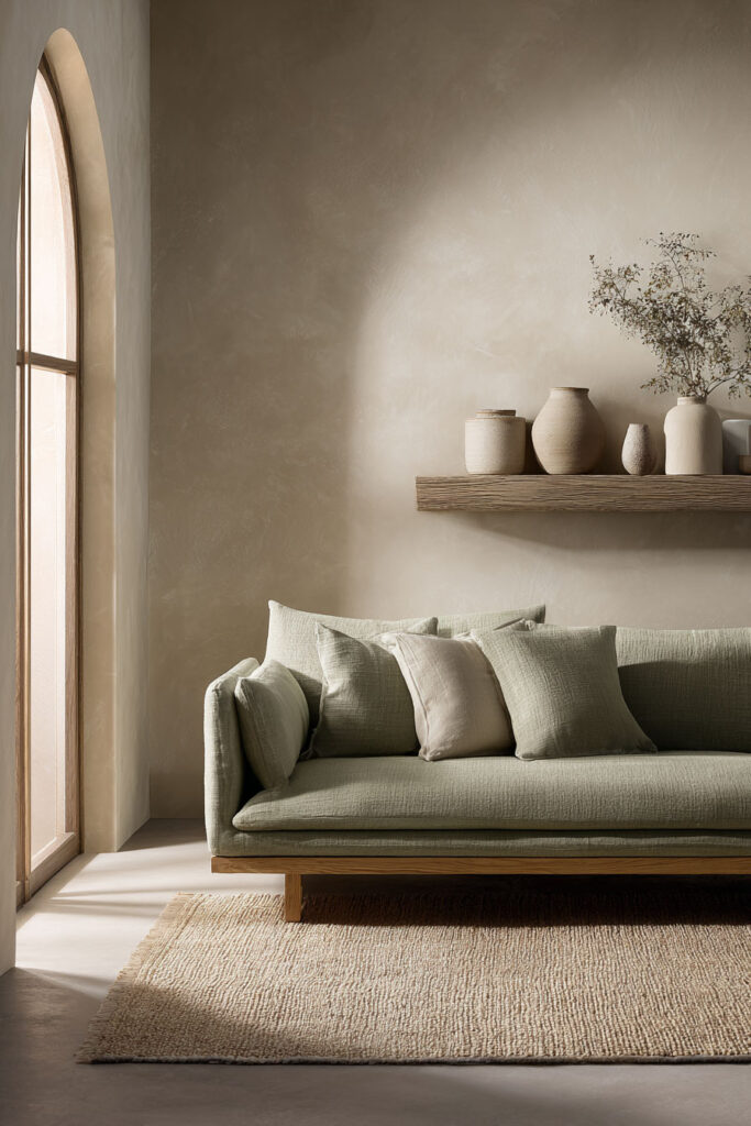 Minimalist sage green living room with sleek sofa, neutral throw pillows, floating wooden shelf, ceramic vases, and textured walls.