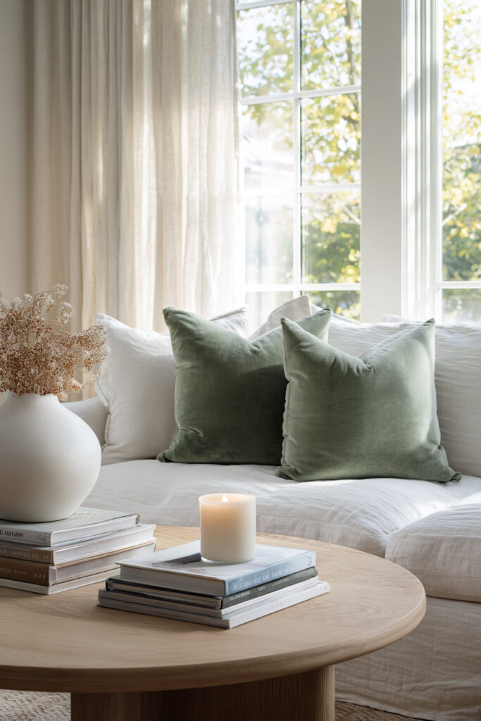 White sofa with sage green pillows, light wood coffee table, candle, and ceramic vase in a bright modern living room.